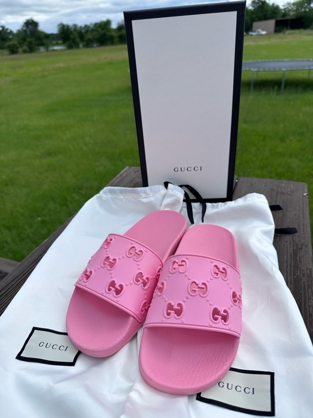 Gucci Bubblegum Pink GG Embossed Slide Sandals